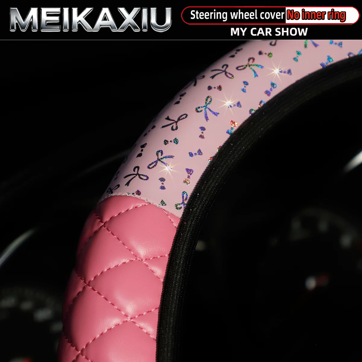 PU leather 3D embroidered and gold-embossed bow bling-bling sparkling car steering wheel cover for women without inner ring
