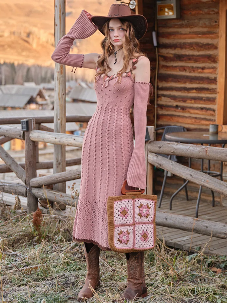 80-92cm Spring Fall Pink Knitted Wool Dresses Women French Vintage Elegant Slim Handmade Crochet Flowers Hollow Out Sling Dress
