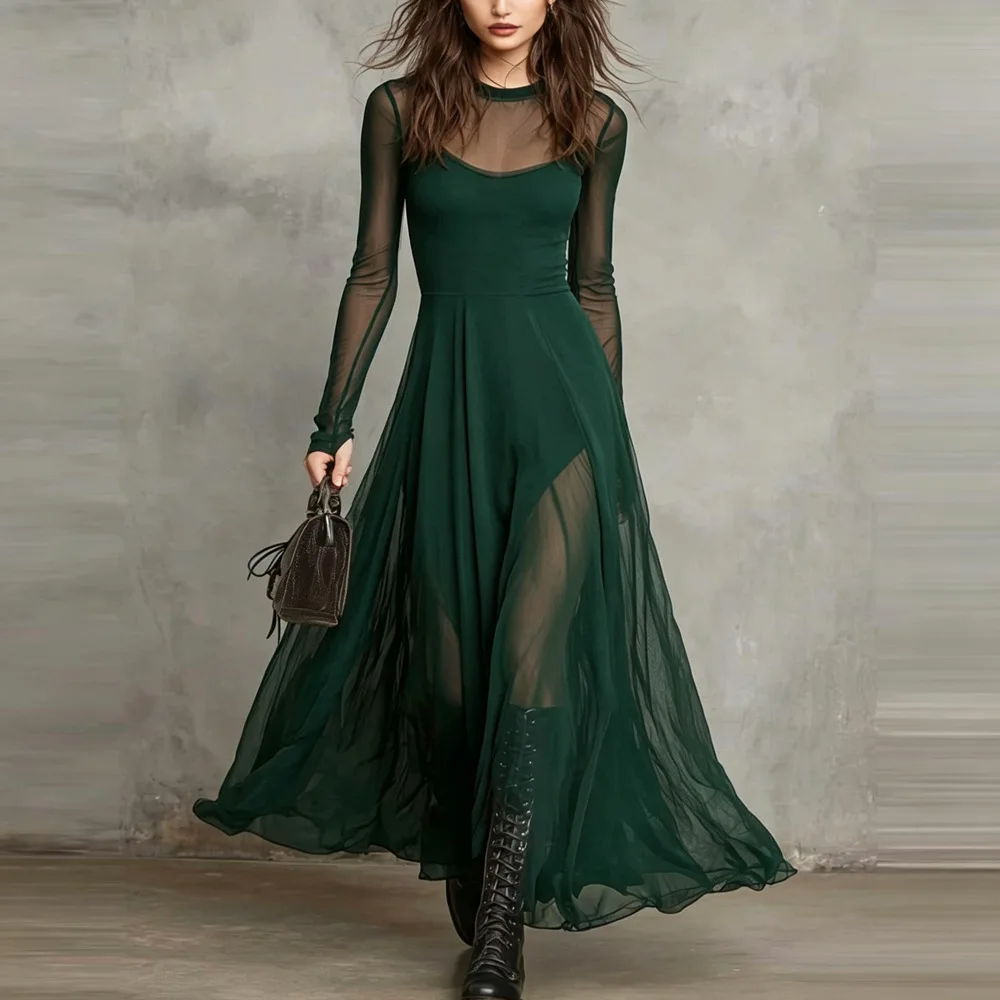 Damen-Maxikleid mit langen Ärmeln aus Netzstoff, durchsichtig, A-Linie, fließend, Gothic, elegant, für Abendpartys, schmal geschnitten, schwarzes langes Kleid – Detail 5