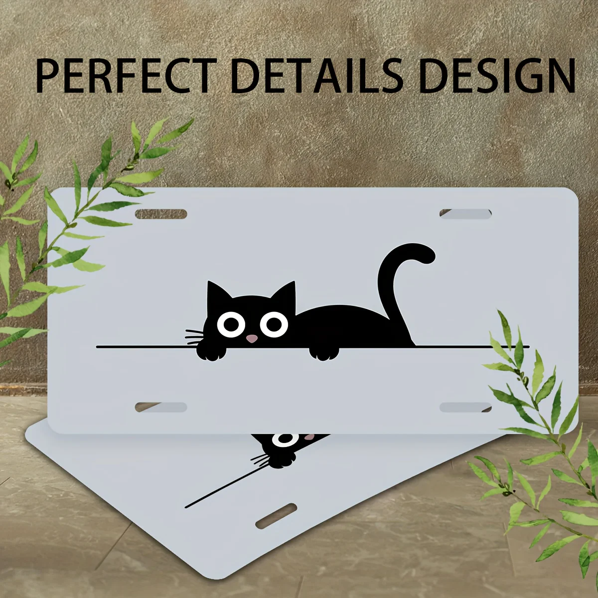 2D flat Black Cat Tail Up Decorative Aluminum License Plate Cover, Front Car Tag Frame for Men and Women, Vehicle Accessory