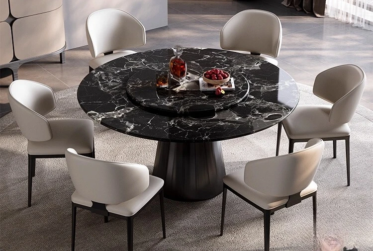Natural luxury stone dining table black rose high-grade round Italian light luxury dining table with turntable