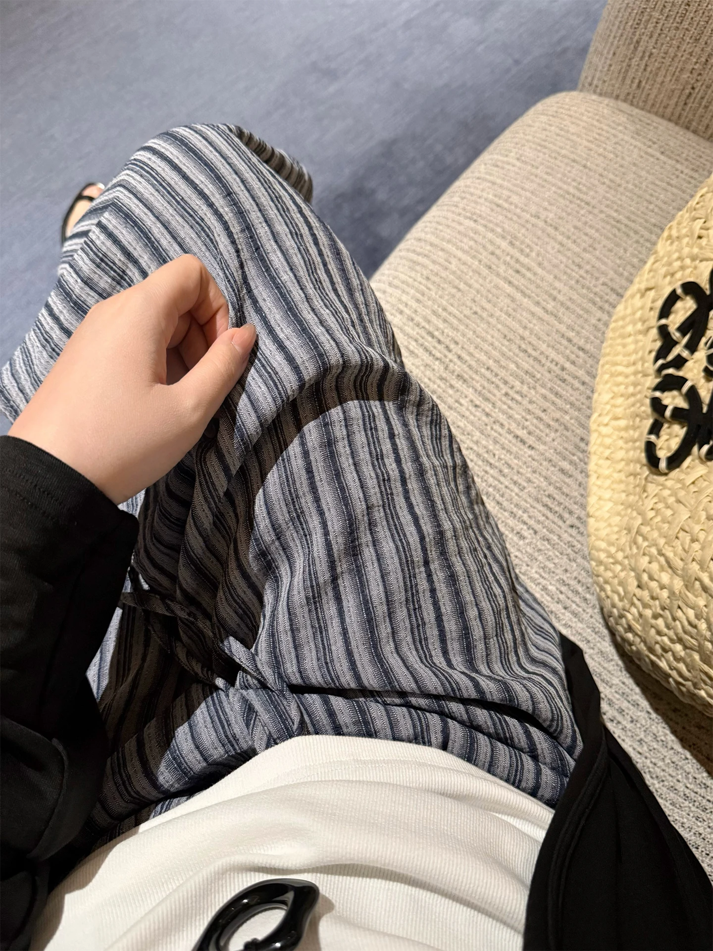 

plus Size Striped Wide Leg Pants High Waist Straight Cut Slimming Casual Trousers for Plump Sister Summer Thin Polyester Fiber