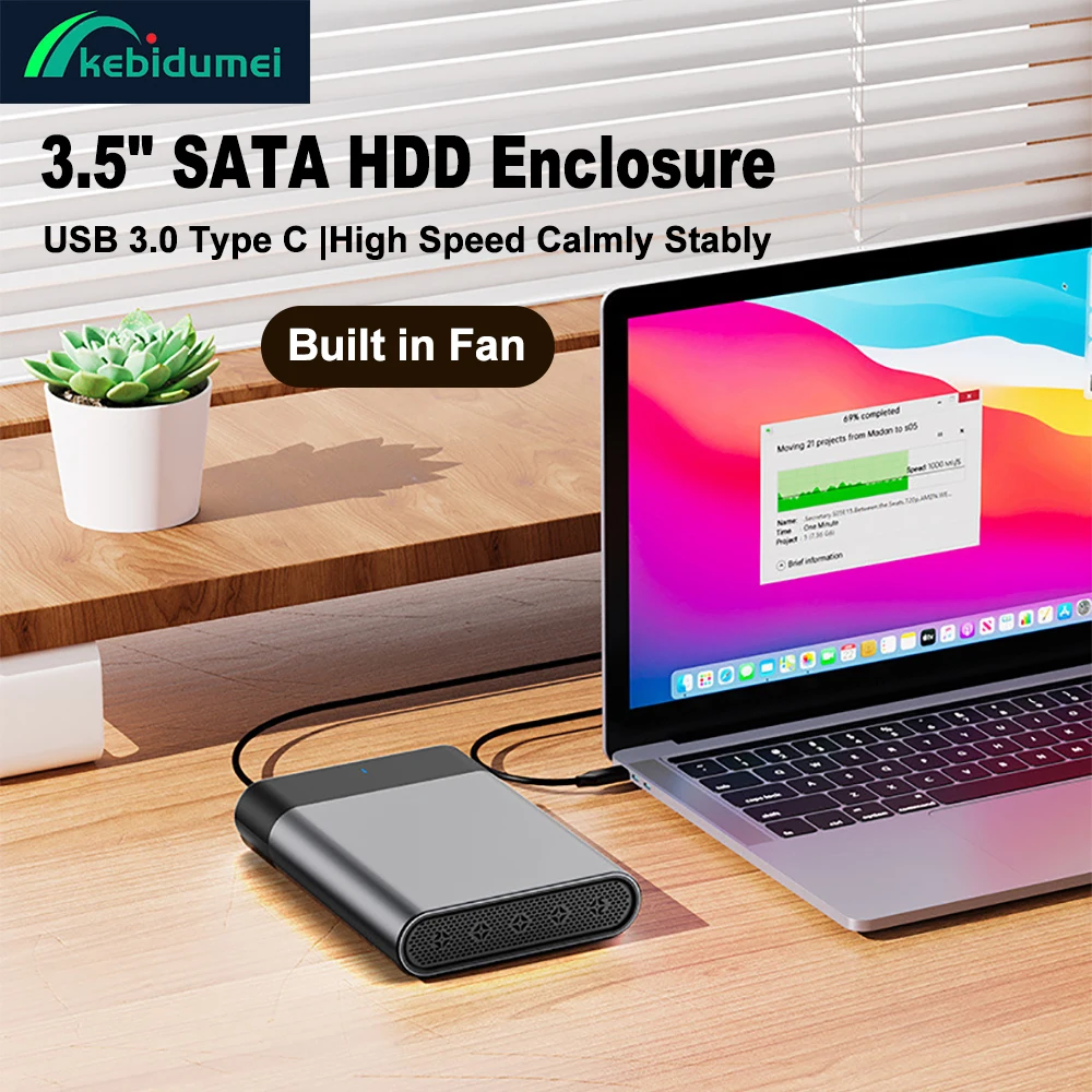 

Kebidumei 2,5 "3,5" Корпус для жесткого диска SATA HDD SSD Корпус для внешнего жесткого диска Встроенный вентилятор Расширение 5 Гбит/с 12 ТБ Коробка для жесткого диска из алюминиевого сплава