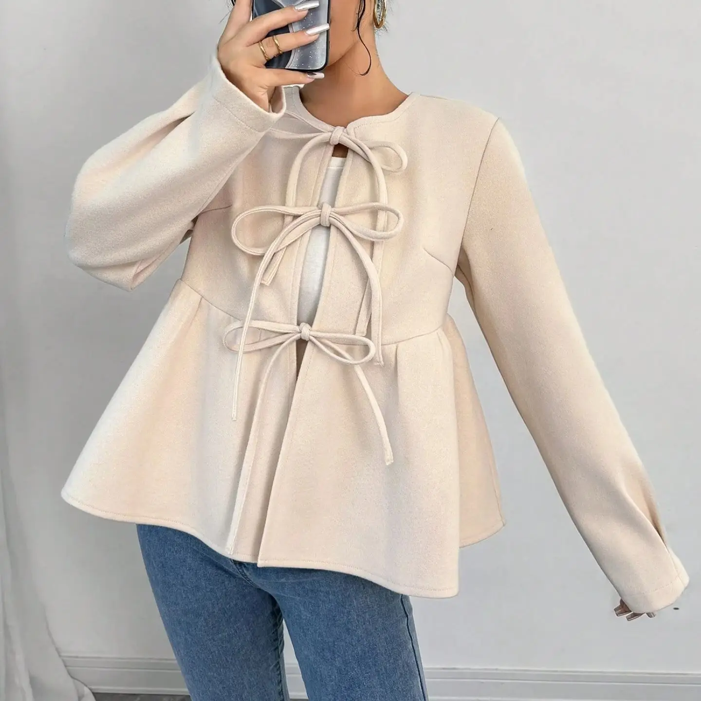 여성용 스위트 보타이 허리끈 숏 코트, 빈티지 스타일 라운드넥 벨 슬리브 슬림핏 울 코트