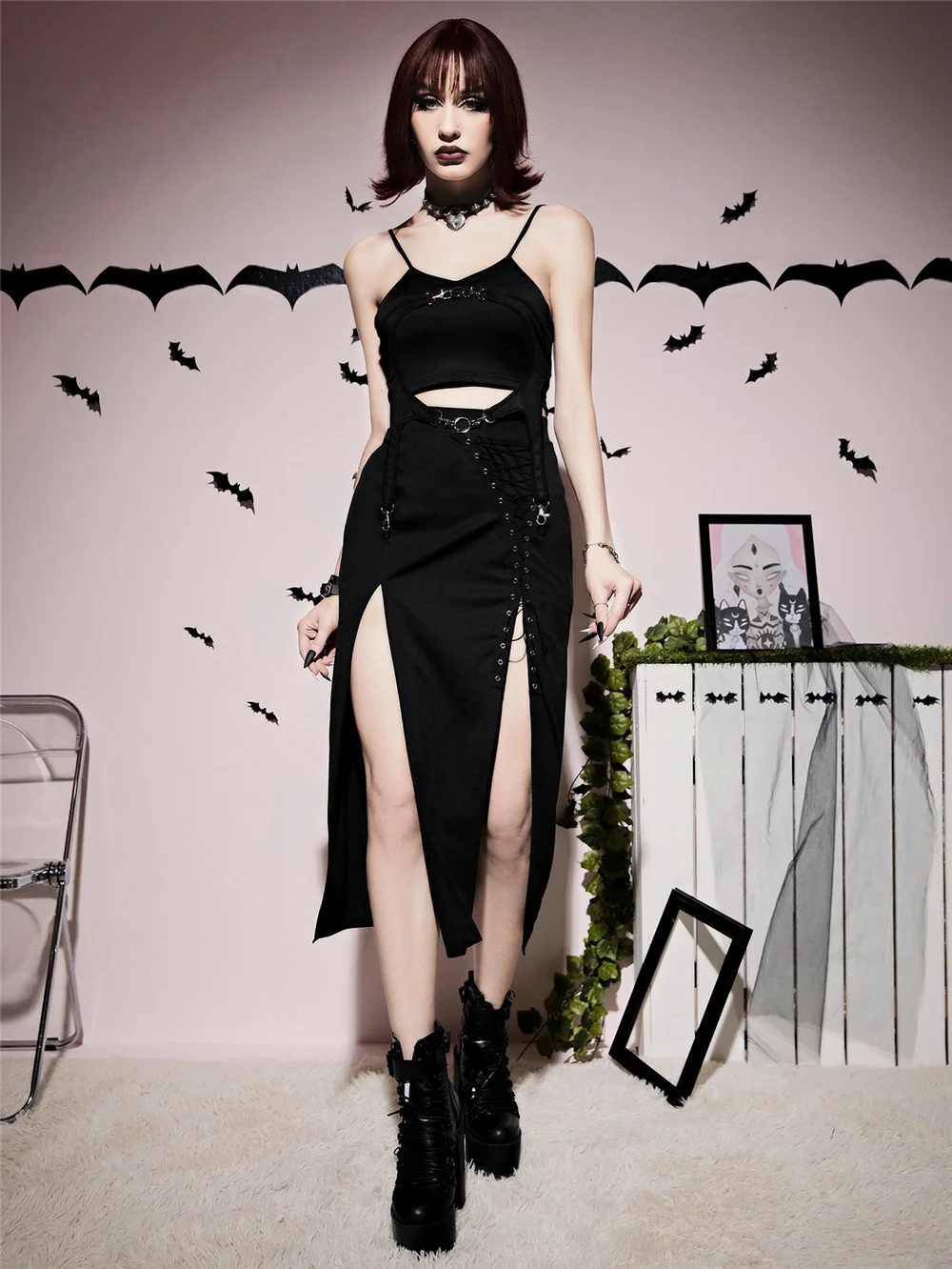 Split Chicken Eye Lace up Women's Skirt mid Waist A-Line Polyester Fiber Citywalk Style Other Brand Other Details