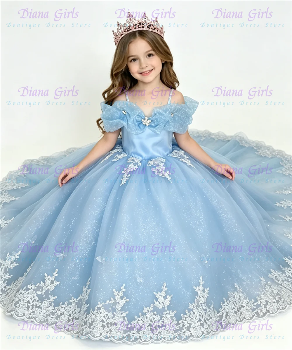 Gorgeous Quality Sky Blue Tulle Fluffy Flower Girl Dress For Evening Gowns Little Princess Birthday Party Ball Customised Gowns