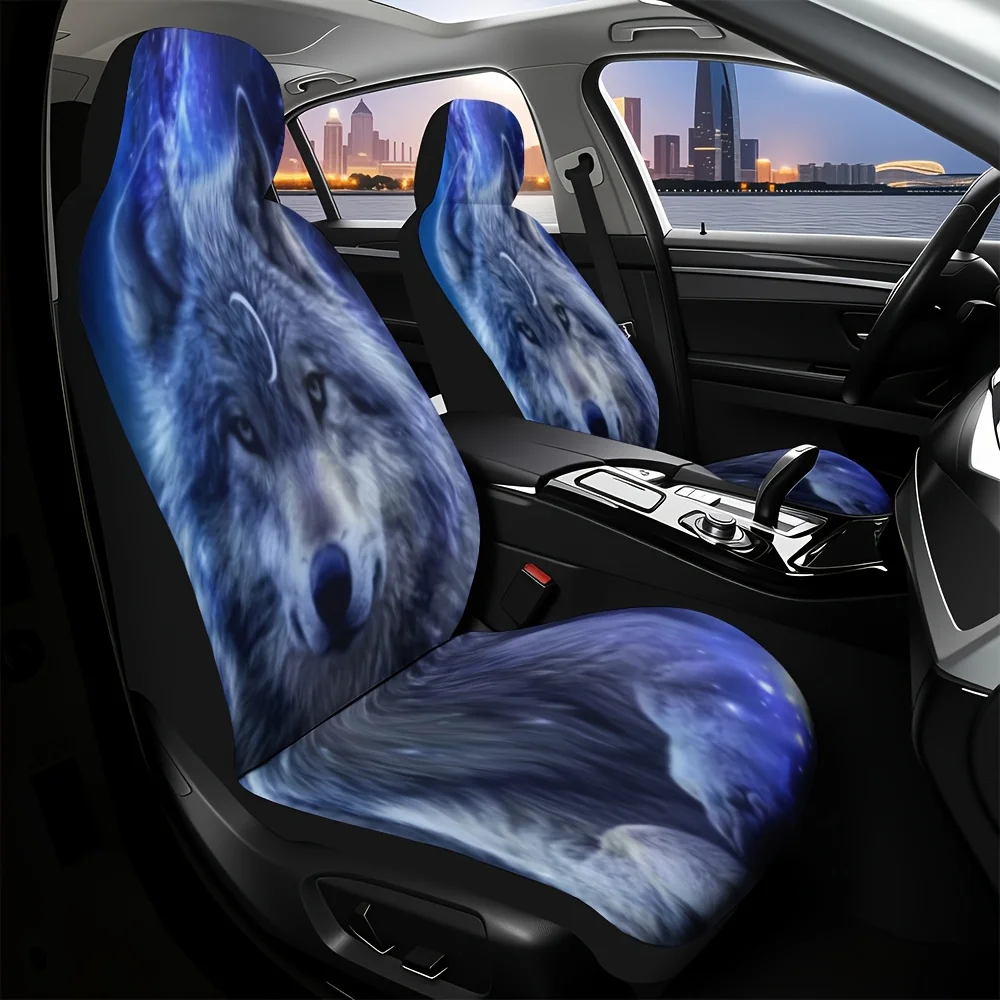 2pcs Wolf Moon Animal Portrait Front Seat Covers - Stylish & Design, Comfortable Polyester Fiber, Machine Washable, Perfect Gift