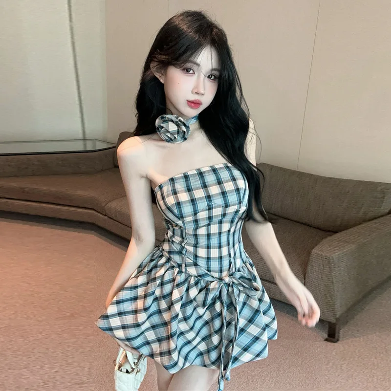 Süßer, würziger, floraler, karierter Wickelrock mit Gürtel, schlankmachende Taille, Dr für Bars und Nachtclubs, Cleanfit Midwaist A-Linien-Rock, Einzelstück