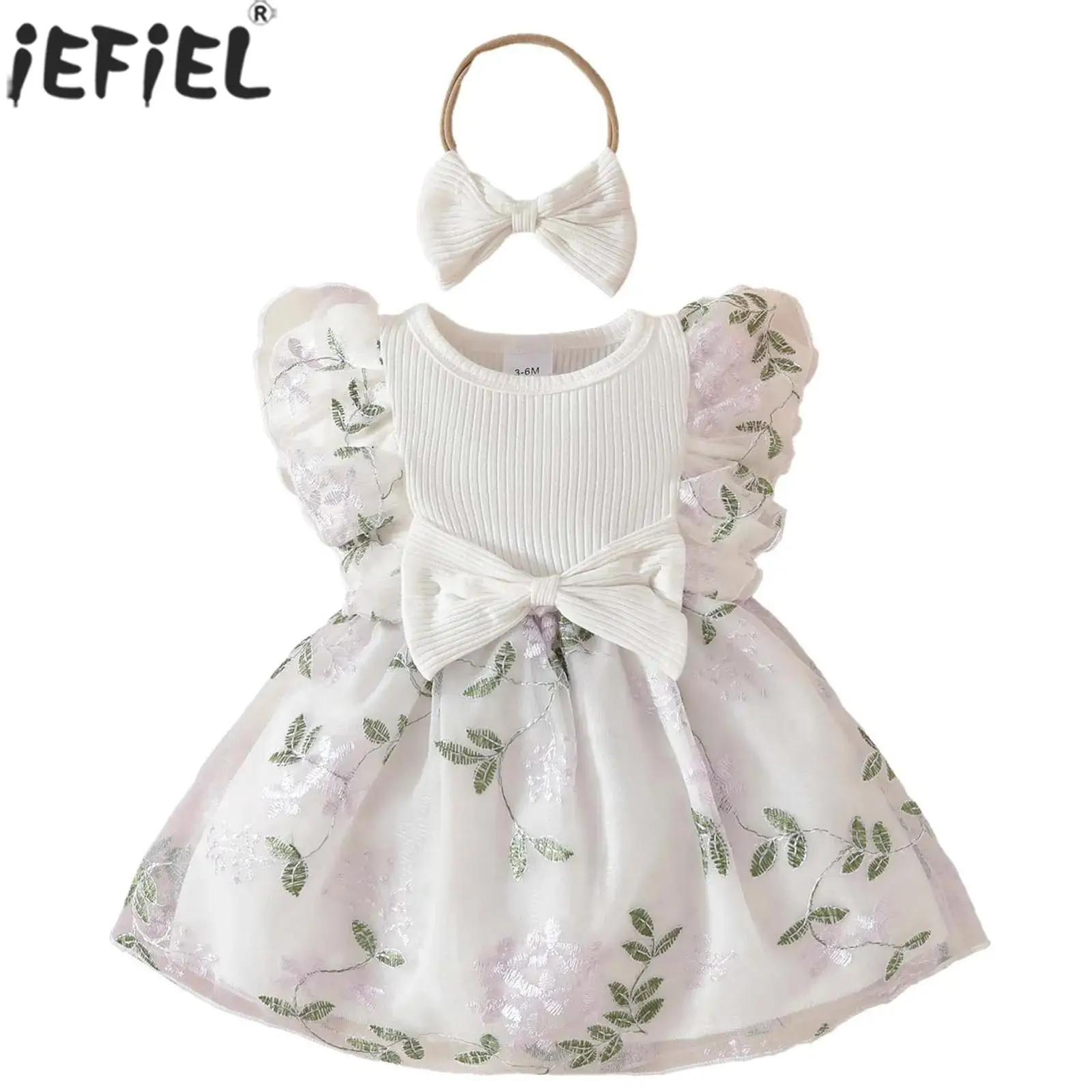 

Little Girls Summer Sweet Birthday Party Dress Ruffled Floral Bowknot Tulle Princess Tutu with Headband for Photography Holiday