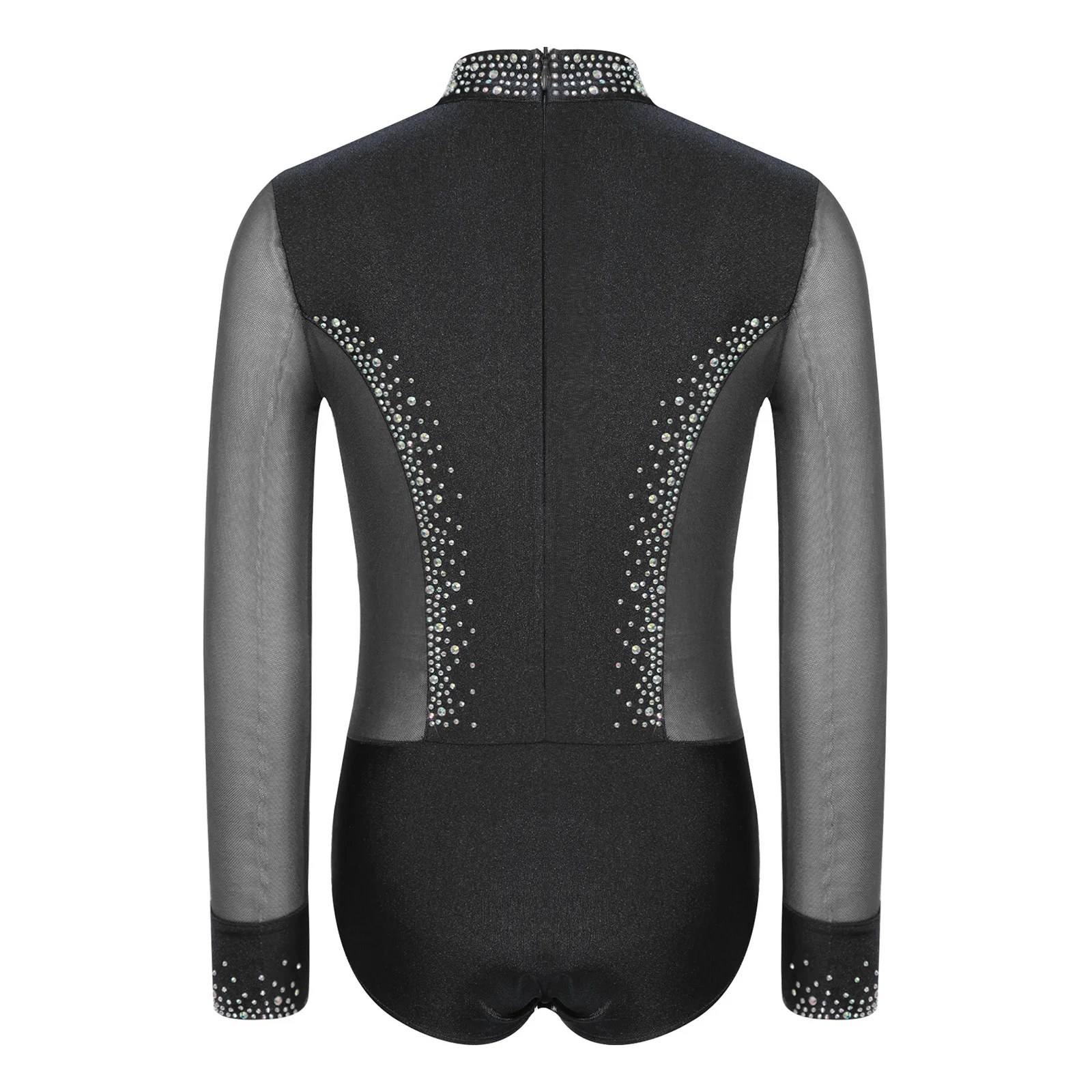 Kinder Jungen Strass-Bodysuit Jumpsuit Langarm Mesh-Bodysuit Gymnastik Ballett Trikot Eiskunstlauf Auftritts-Kostüm – Detail 9