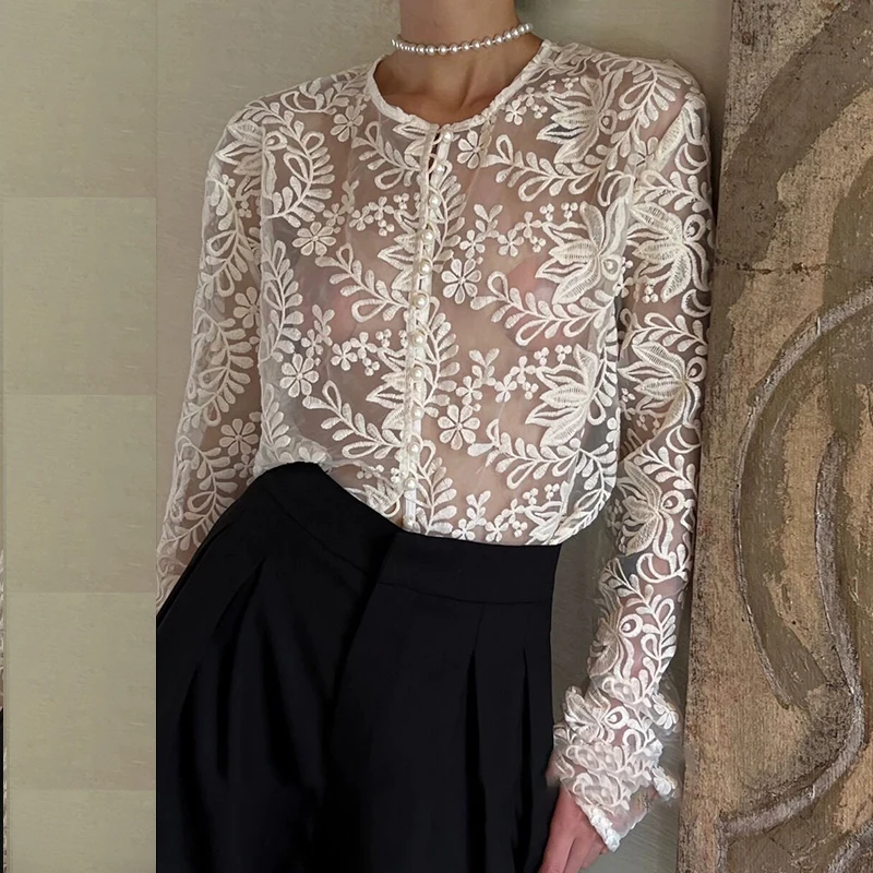 

[Full Embroidered Lace Perspective Top] Early Spring French Embroidered Perspective Lace Top Shirt blouse women