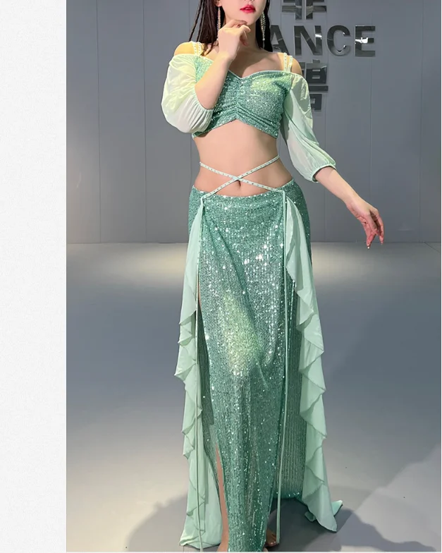 Belly Dance Costume Set for Women Short Sleeves Top+split Long Skirt 2pcs Oriental Professional Set Belly Dancing Wear Outfit