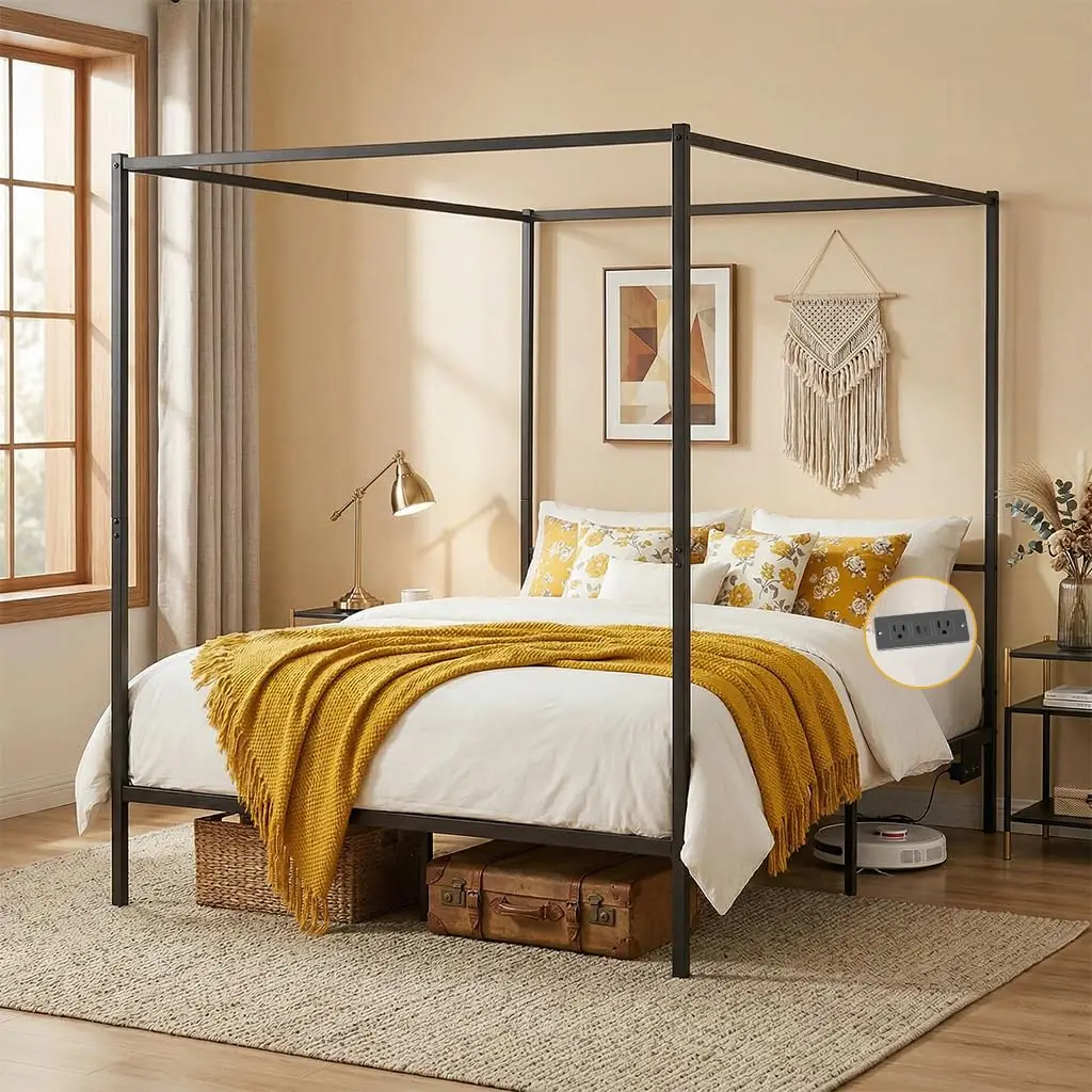 Canopy Bed Frame Queen Metal with Moveable Charging Station | Spacious 12-inch clear under-bed storage,Heavy duty, Customized