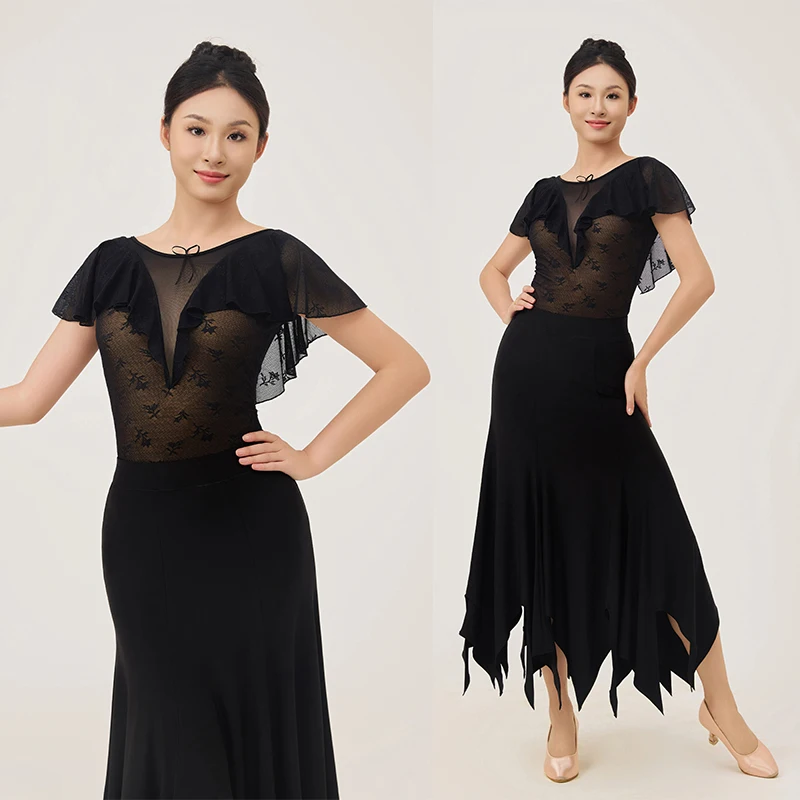 Abiti da ballo da sala Abiti da pratica per donna Top neri Gonna irregolare Abito da valzer Costume da spettacolo di danza sociale BL17574