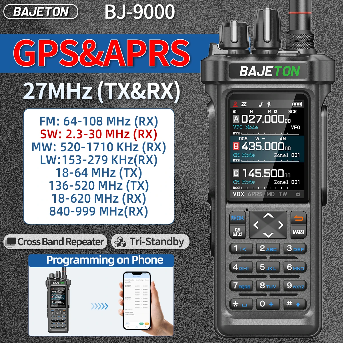 BAJETON BJ-9000 Walkie Talkie AM/FM/CB/LSB/USB/CW Receptor com GPS APRS 10W Bluetooth Programação de telefone CB Ham Radio RT-950PRO
