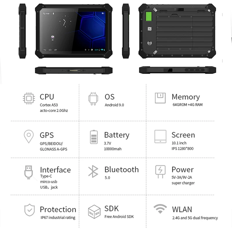 Imagem -06 - Computador Robusto com Scanner de Código de Barras 10.1 Polegada Android 9.0 4g Ram 64gb Rom 4g Lte Ip67 Nfc à Prova de Explosão Tablets Indústria pc