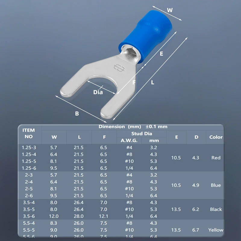 PVC Insulated Spade Terminal Electrical Wire End Fork Cold Crimping Connector AWG 22-10 Make Threading Easier Cable Press Lug