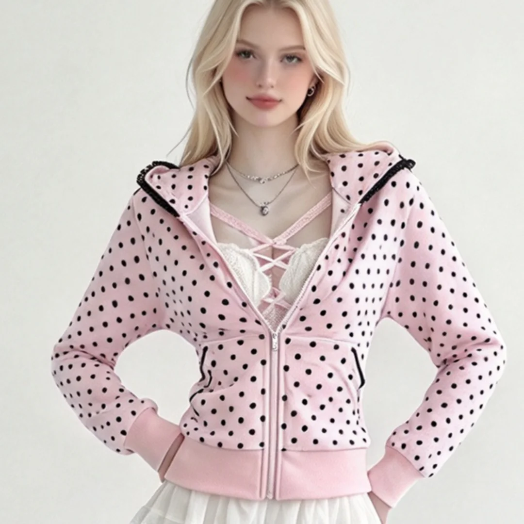 Fall Sweet Style Women's Polka Dot Print Lace Trim Hooded Zip Up Jacket, Sweet Cool Y2K Short Zip Sweatshirt
