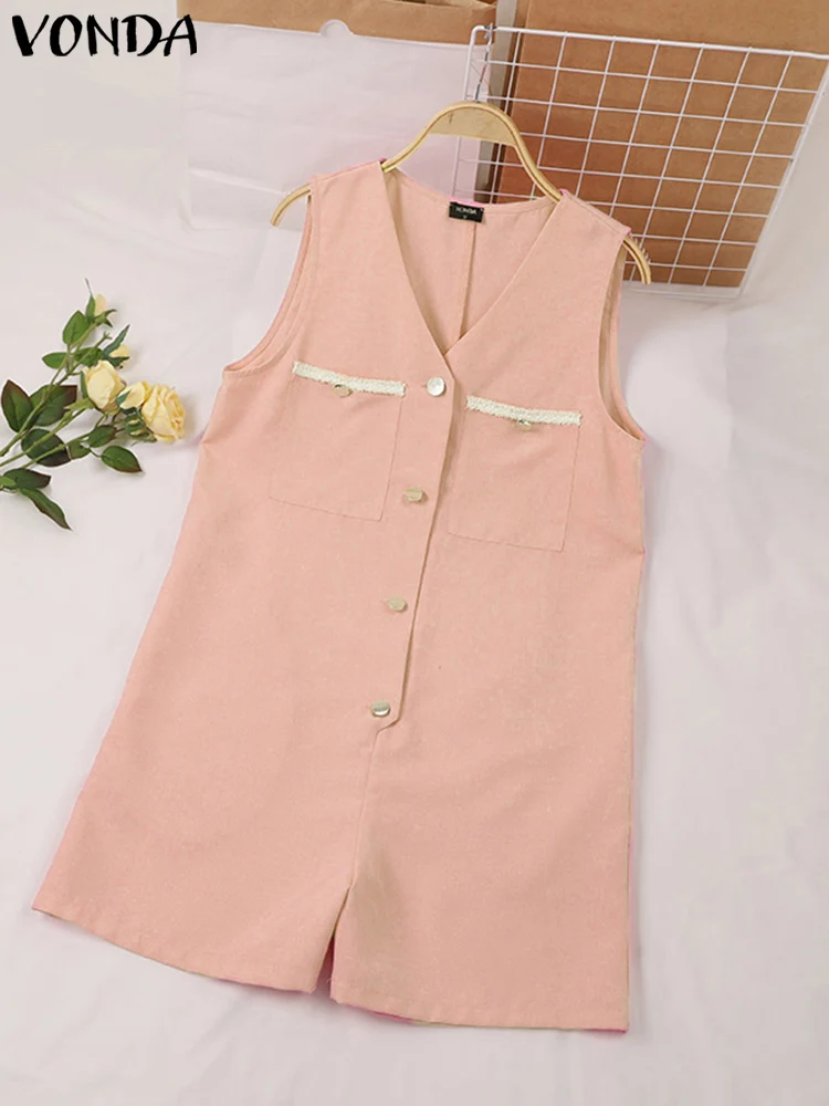 VONDA 2024 Fashion Solid Rompers Playsuits Women Summer Sleeveless V-neck Casual Loose Buttons Short Jumpsuits Elegant Pants