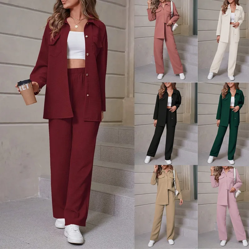 

Autumn Women Waffle Lapel Collar Cardigan Casual Shirt Pant 2 Piece Sets For Women Button Jacket Trousers Solid Two Pieces Suits