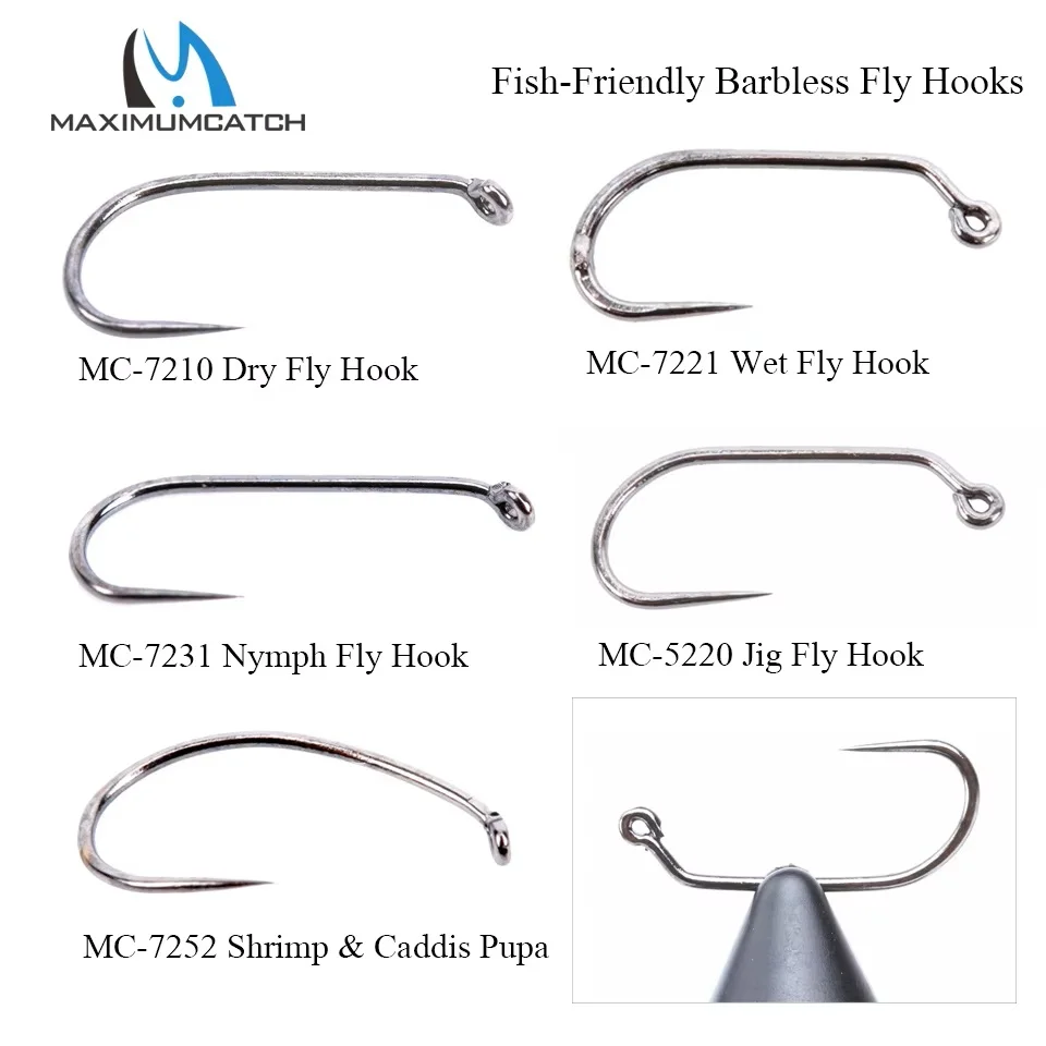 MAXIMUMCATCH 100pcs Barbless Fishing Hook Assortment Sizes 6-18 for Dry/Wet/Nymph/Shrimp/Caddis Patterns Fly Tying Hook