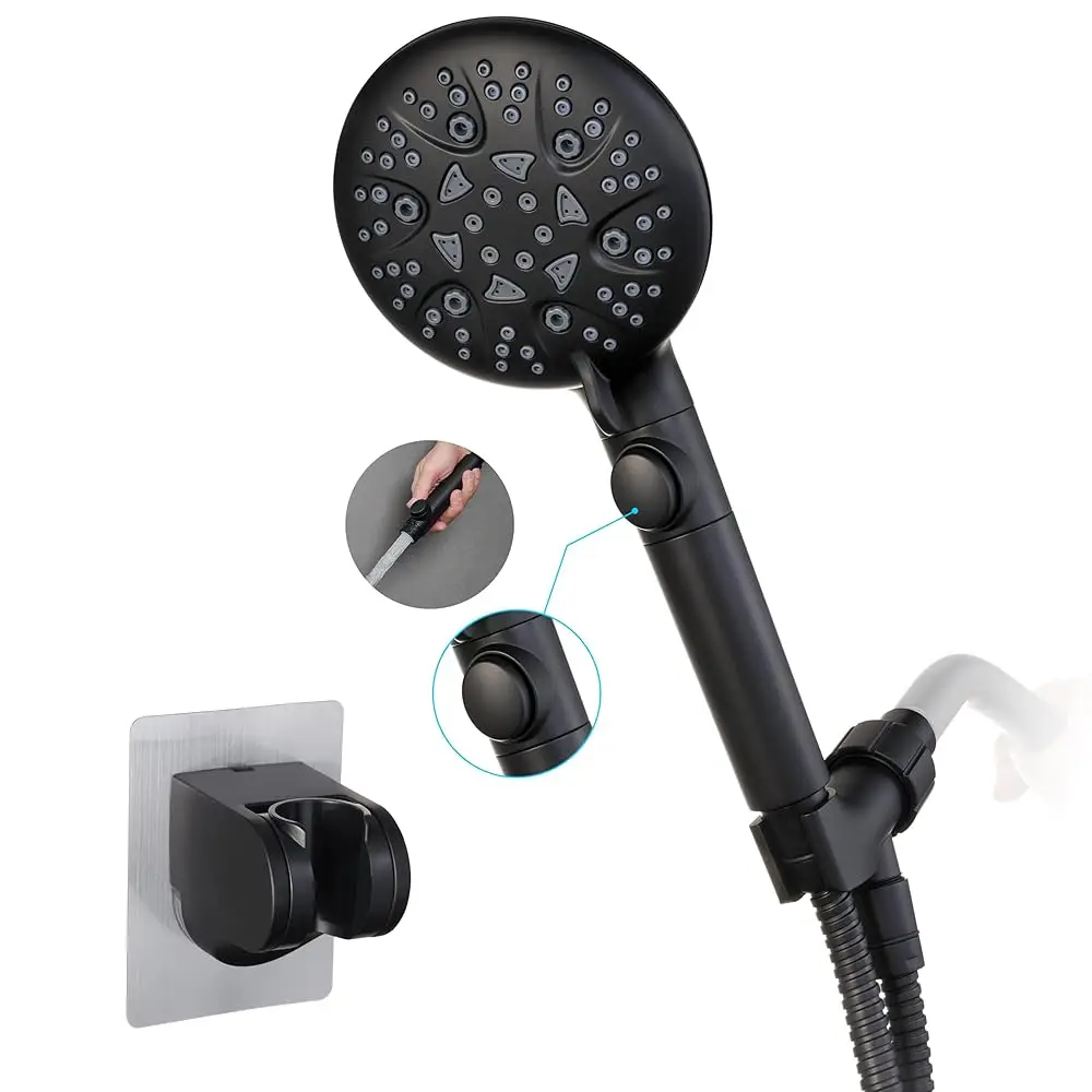 

High Pressure 8-mode Handheld Shower Head with On Off Switch and Long Hose & Bracket PLUS Extra Adhesive Holder for Lower Mou