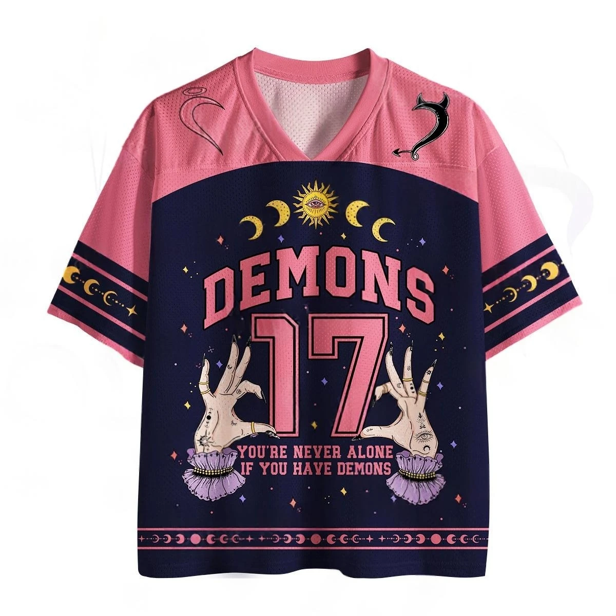 Demons Number 17 Football Jersey Moon Sun Witch Hand Pink Purple Gothic Street Sports Tee