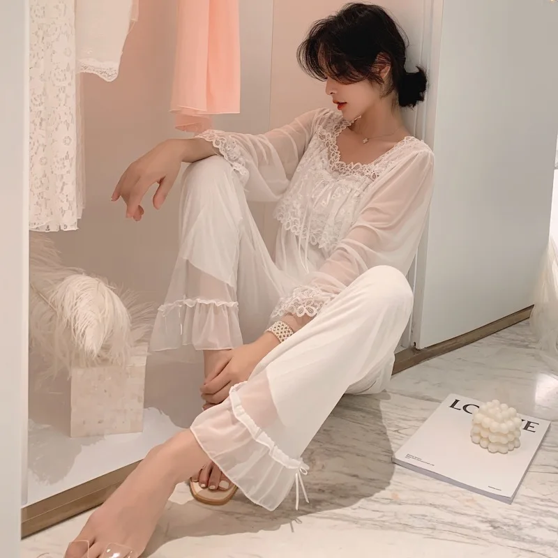 French Vintage Lace Women Pajamas Two-piece Suits Women Long Sleeve Ruffles Pants Princess Sleepwear Loose Casual Home Suit