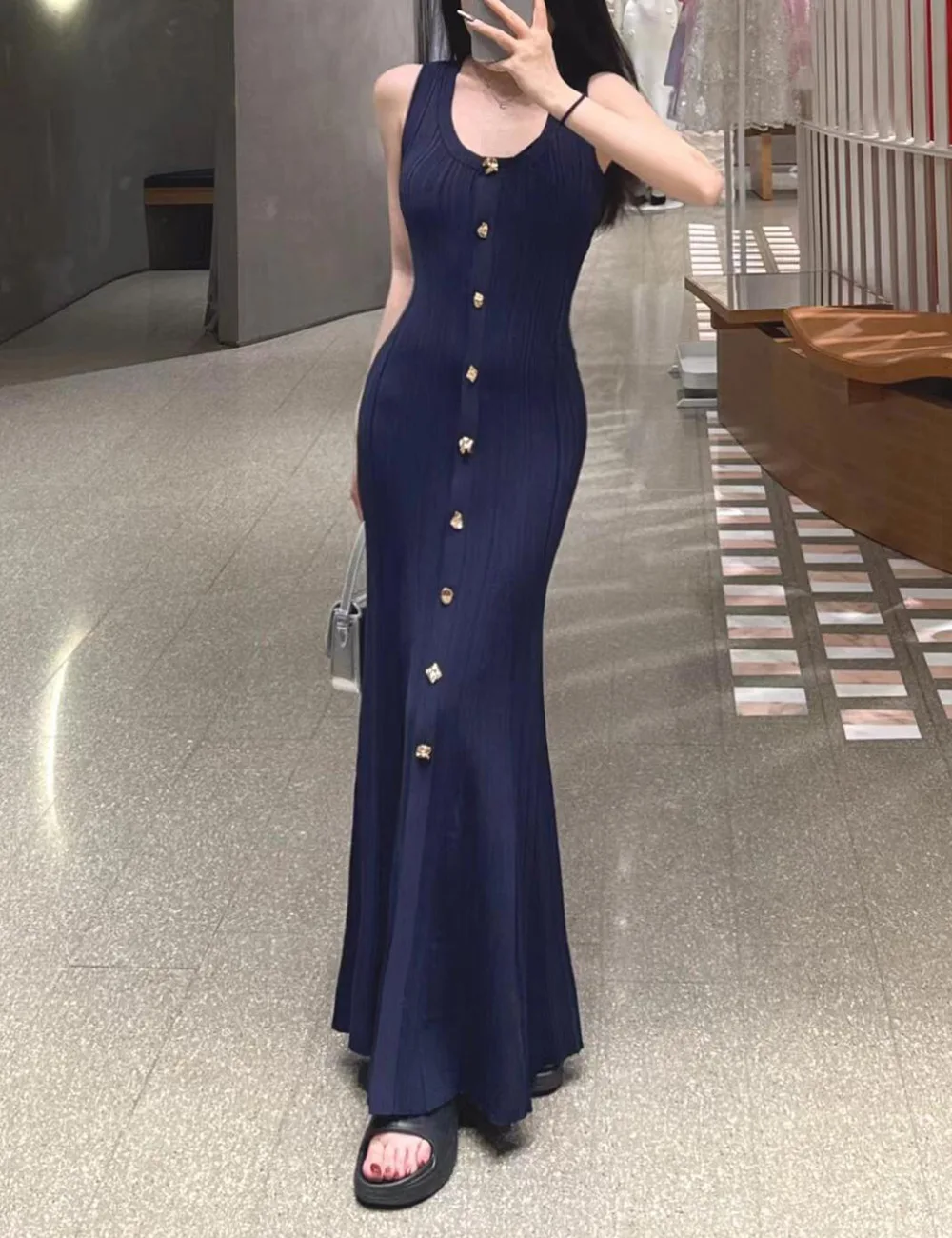 

Sleeveless U Neck Knitted Women Midi Robe Elastic Slim Fit Single Breasted Lady Party Dress