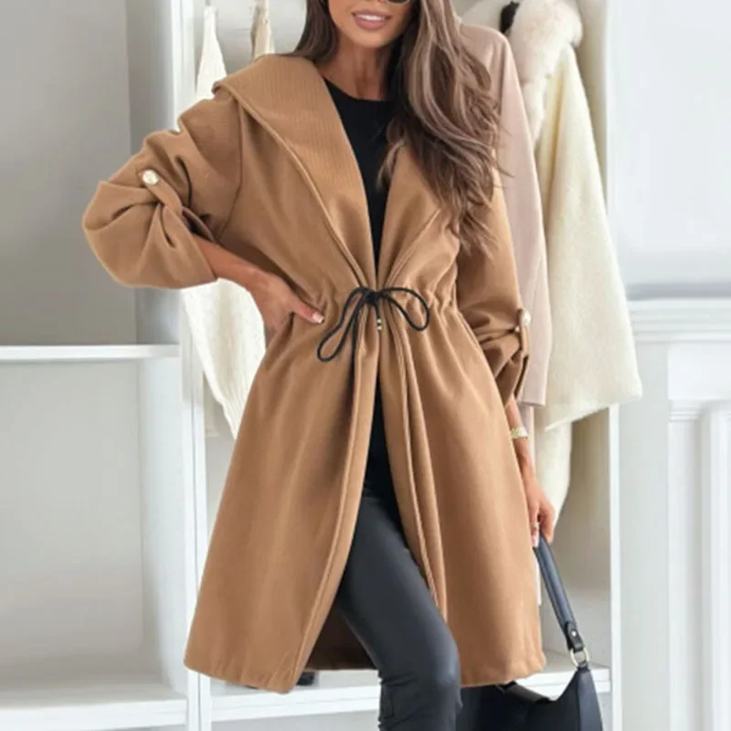 2024 Autumn Winter Women Drawstring Hooded Coats Solid Color Female Casual Long Sleeve Jackets Loose Lady Fashion Outerwear