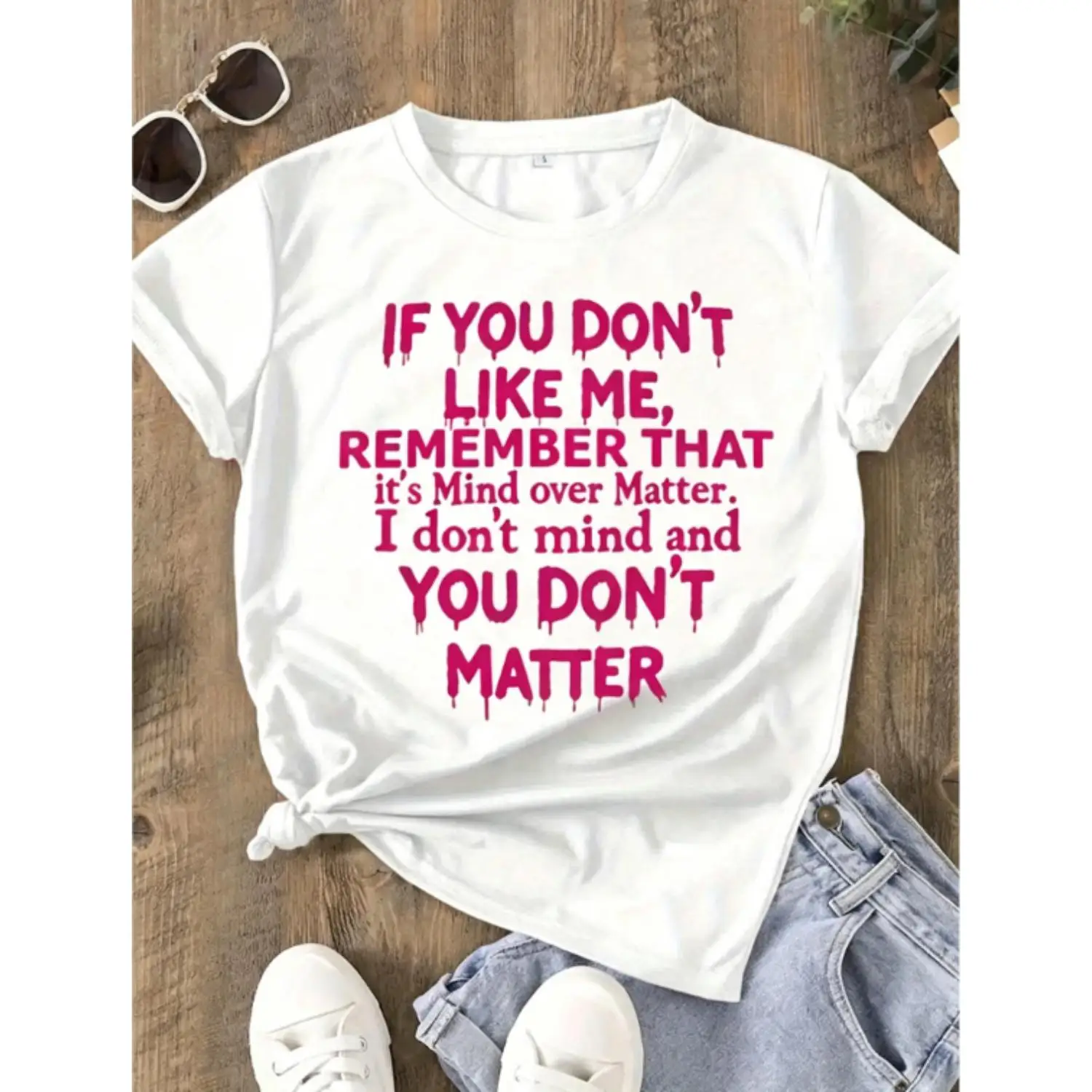 Women's Plus Size Mind Over Matter T-Shirt - Bold Statement Casual Round Neck Top with Bold Text Print, Short Sleeve Casual Attire, Spring Summer Outfits