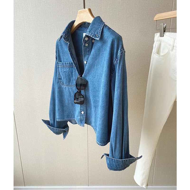 Blogger Style ~ Fashionable Simple Versatile High-End Embroidered Pocket Cotton Short Denim Shirt For Women 2024 Spring Autumn
