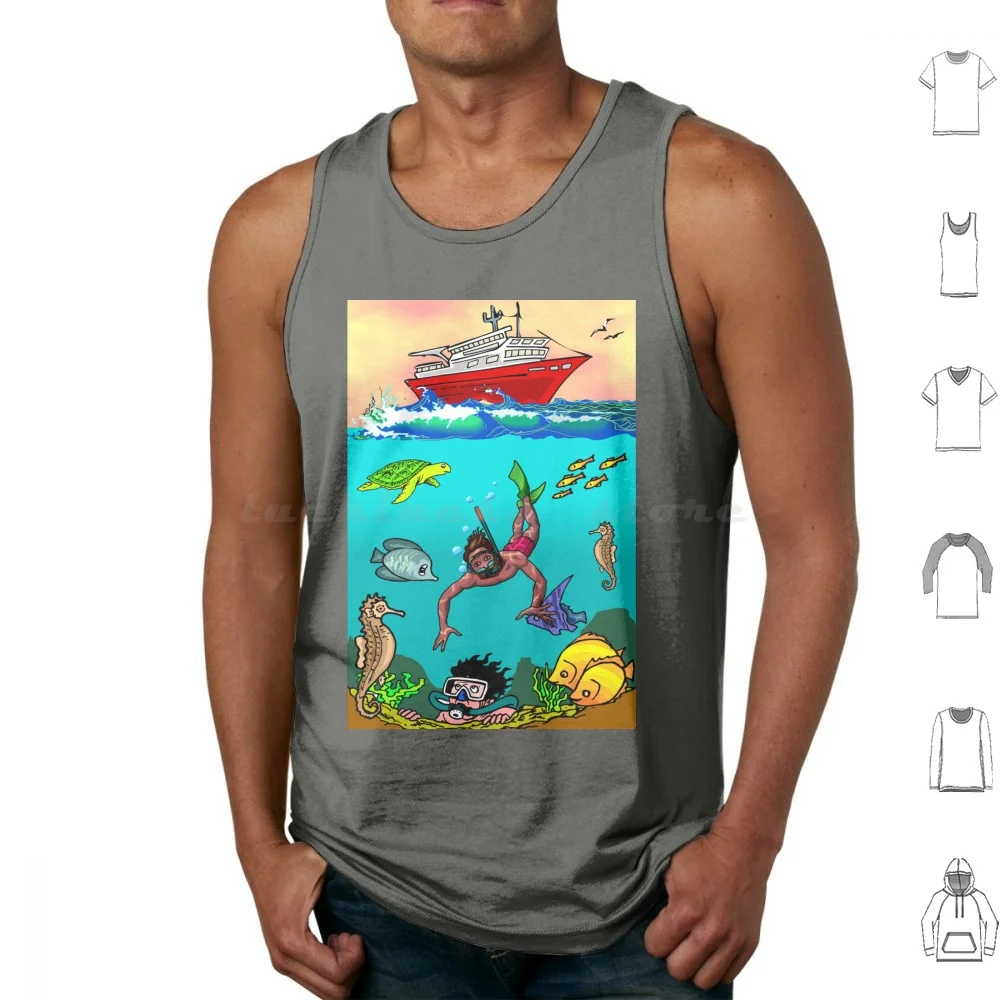 Diver Sea Ship Fish Kids Poster Tank Tops Print Cotton Diver Sea Ship Fish Kids Fun Clip Art Cartoon Character Childhood