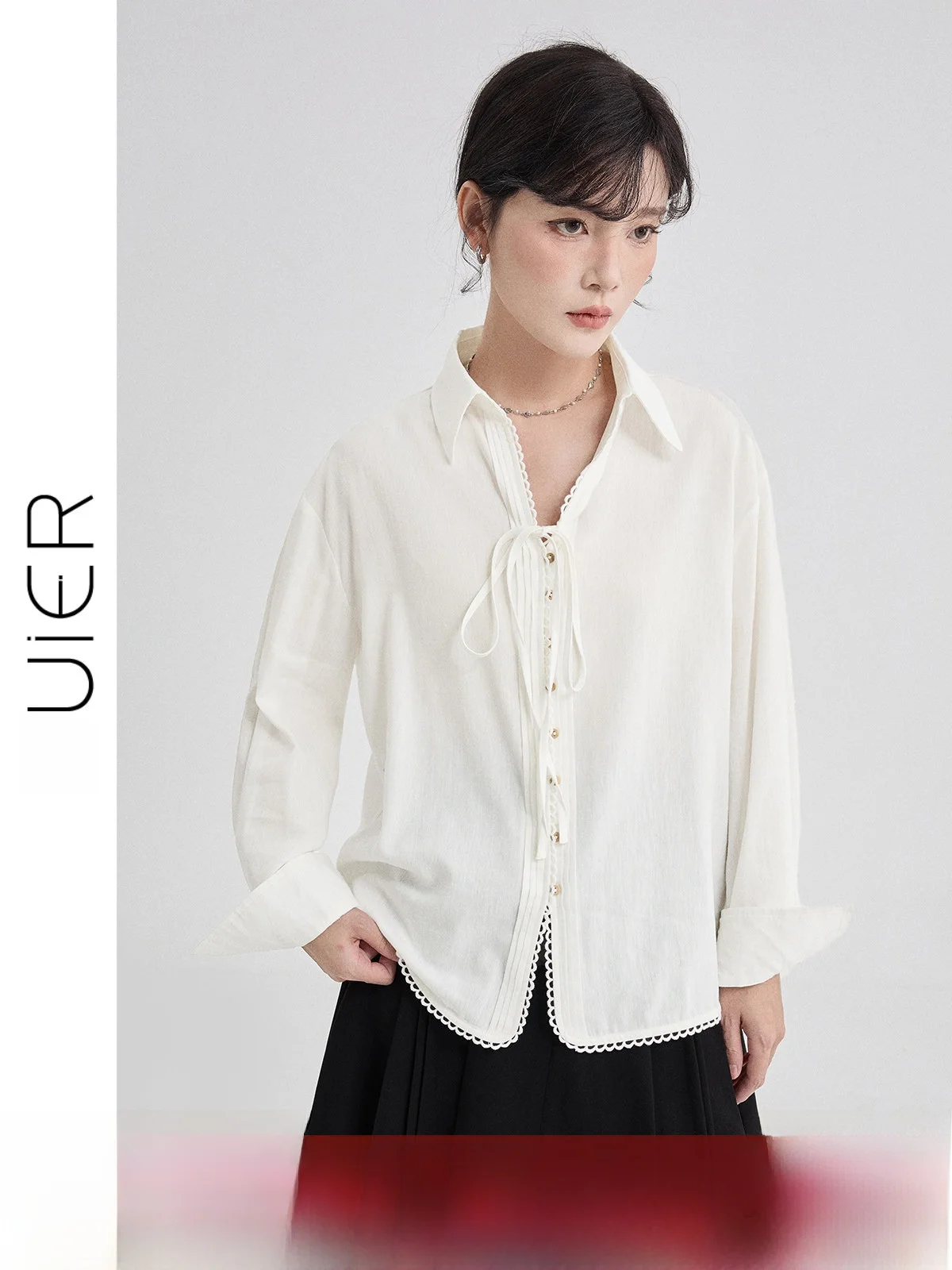 

Ele White Linen irt for Women Spring 2026 New Sle Lace Trim Belted Unique Personali Women's Faion Casual irt