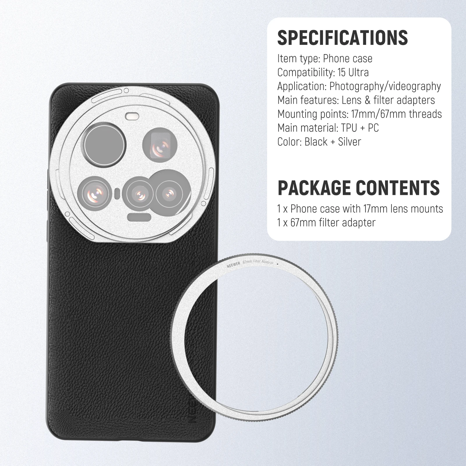 NEEWER Schutzhülle für Xiaomi 15 Ultra mit 17 mm Objektivhalterungen und 67 mm Filteradapter zum kabellosen Laden – Detail 8