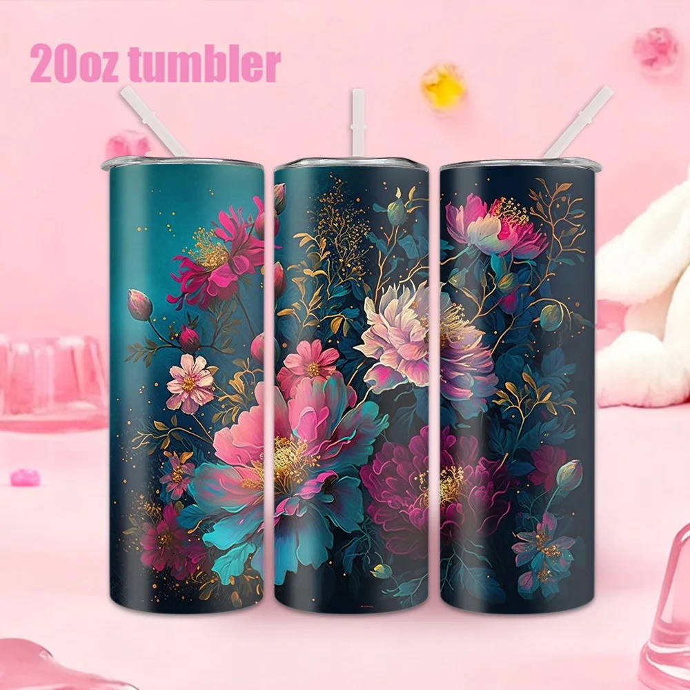 1 botella de agua con pajita de 20 oz, taza de agua aislada de acero inoxidable con un colorido patrón de arte floral.