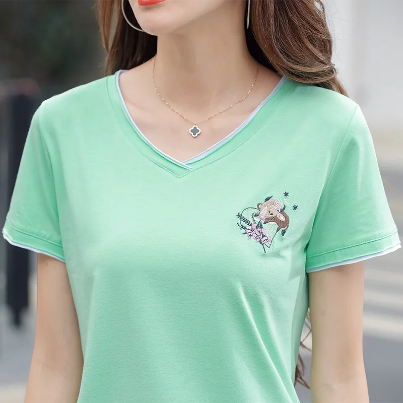 #0283 Gary Pink Green Short Sleeve T Shirt Women Embroidery Slim Womens Tee Shirts V-neck Cotton 95% Vintage Basic Tshirt Summer