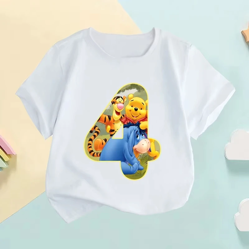 2026 コットン子供用ラウンドネック Tシャツかわいいくまのプーさん誕生日番号漫画プリント半袖