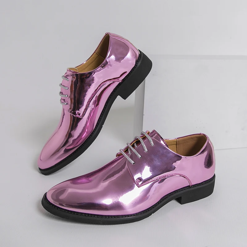 YEHENG Metallic Shiny Mens Dress Shoes, Patent Leather Pointed Toe Oxford Derby, Big Size 45-50 Prom Wedding Party Stage Shoes