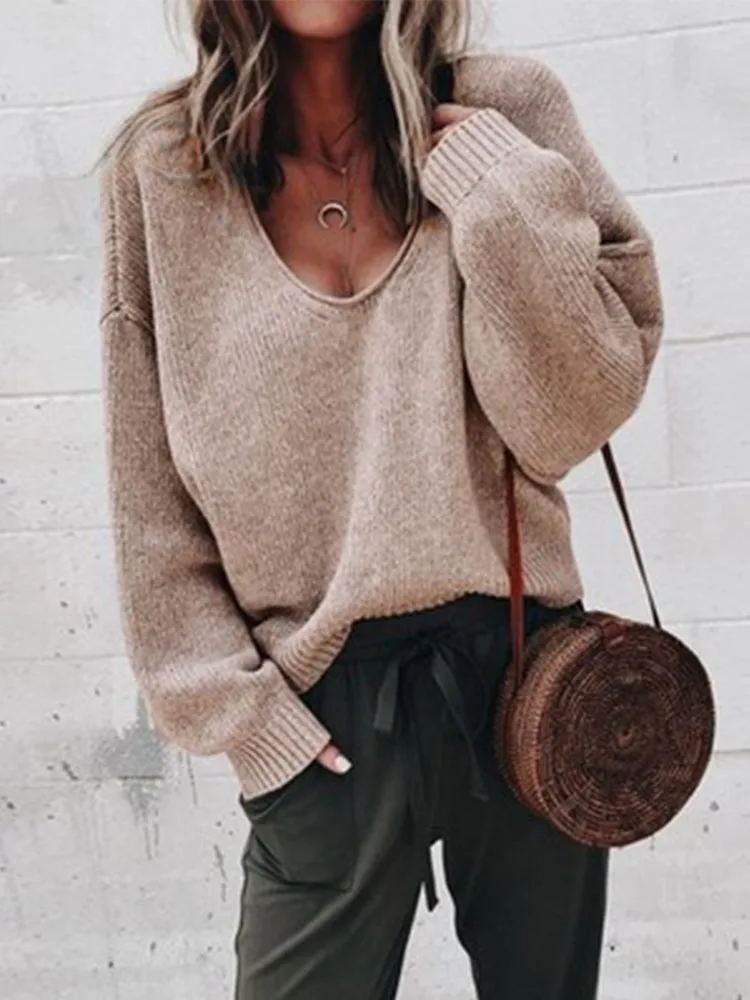 Casual Knitted Sweater Women Streetwear V Neck Long Sleeve Pullovers Loose Solid Coat 2024 Autumn Winter Fashion Women\'s Sweater