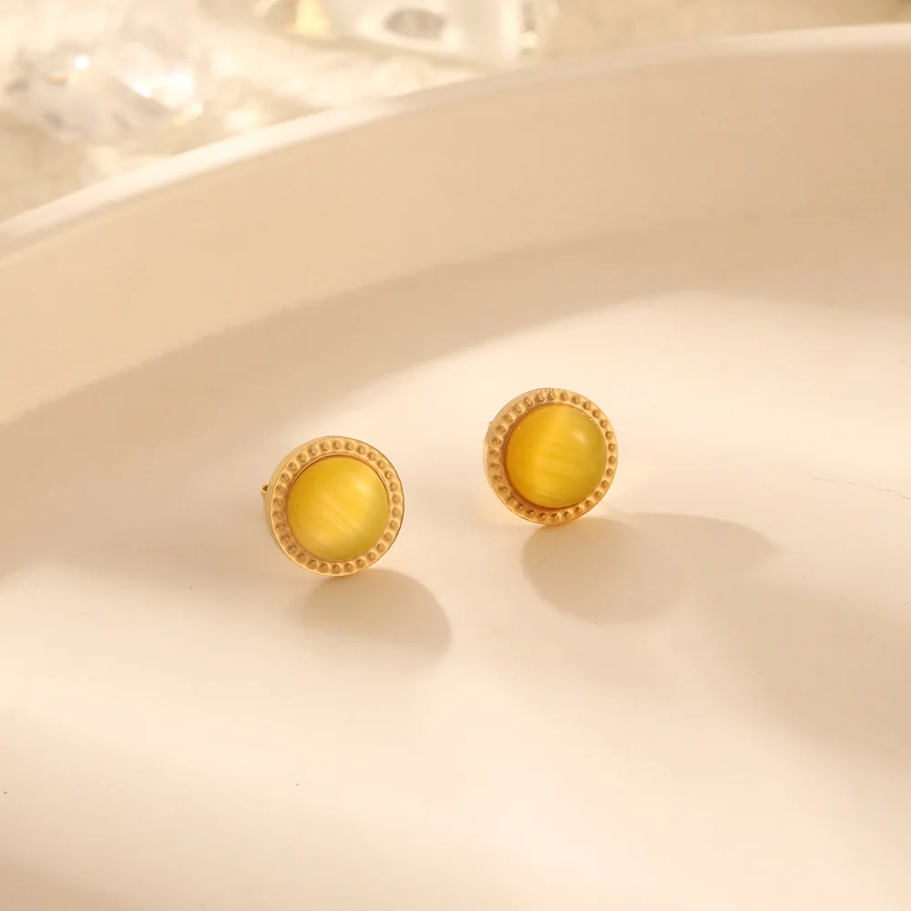 Trendy Yellow Cat Eye Stone Round Stud Earrings In Titanium Steel No Fade Fashion Women's Earrings Jewelry Gift