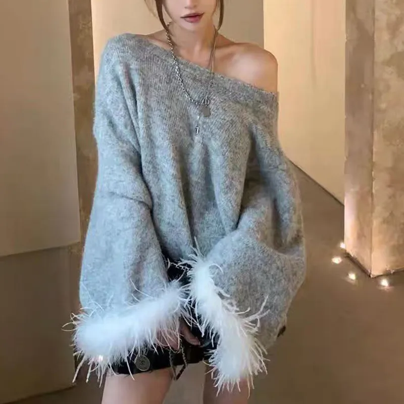 

Fashionable Loose Shoulder Grey Sweater Women's Style Autumn Winter New Arrival Korean Version Lazy Top High Quality Knittedwear