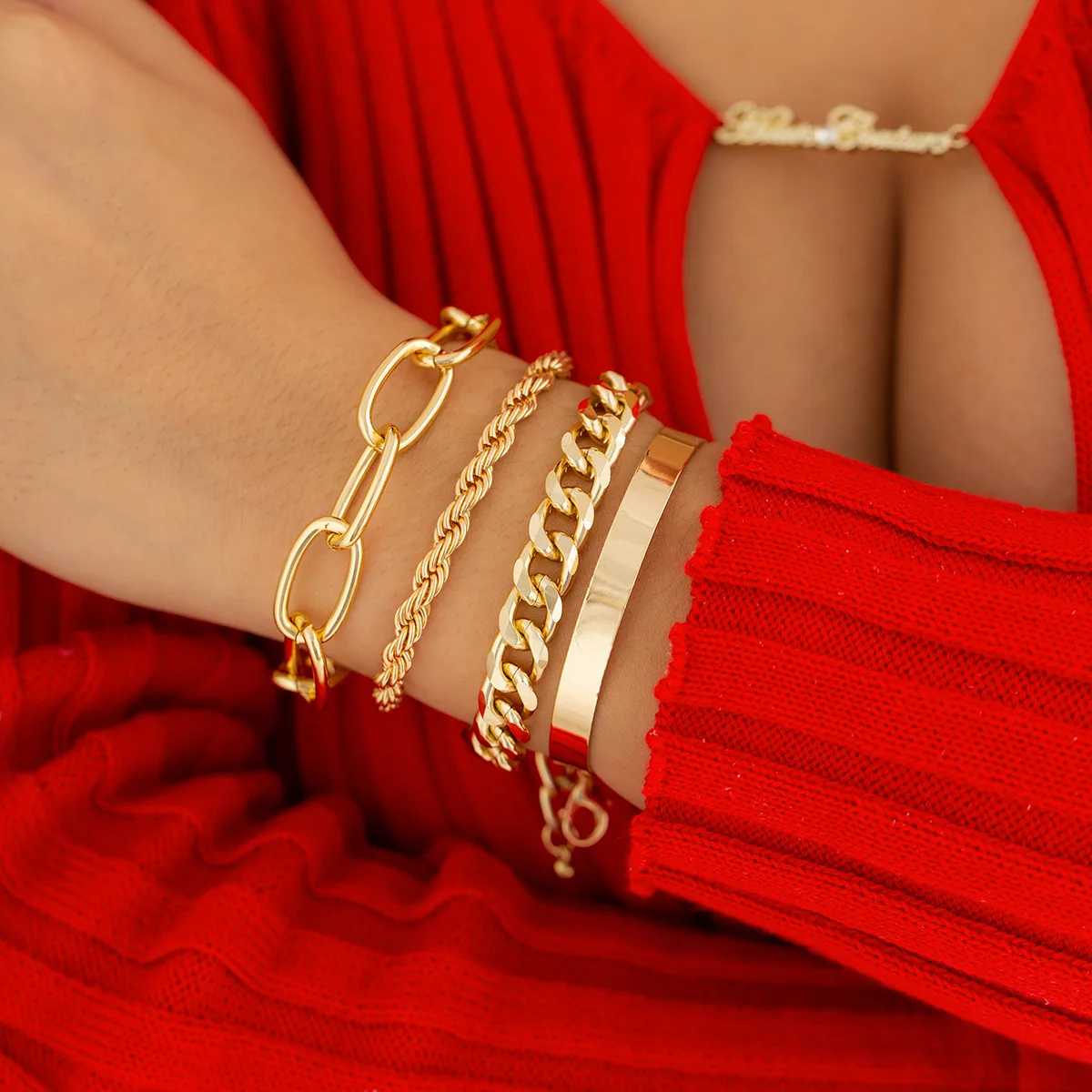 

Hip hop fashion Cuban alloy Stacked up bracelet four piece set metal smooth surface women's jewelry