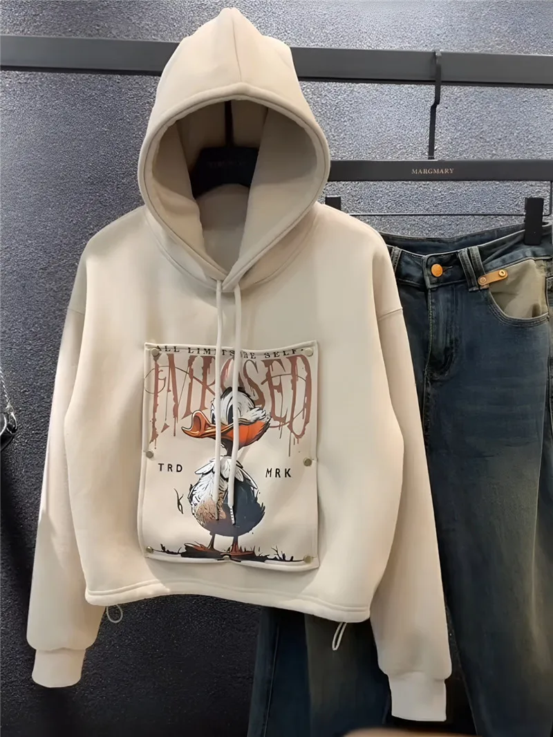 

Корейская женская толстовка с мультяшным принтом, утепленная флисовая толстовка с завязками на талии, осенне-зимняя новинка, повседневная уличная одежда