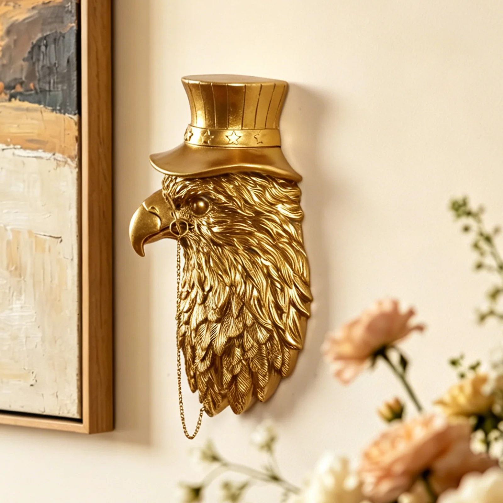 Gold Eagle Head Wall Decor with Top Hat Monocle Resin Sculpture Luxury 3D Wall Art for Bar Living Room Home Decoration - view 2