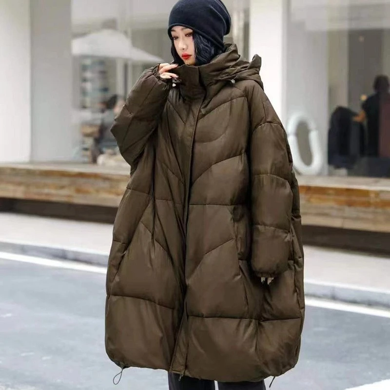 Jaqueta feminina de comprimento médio com capuz, casacos simples de baixo, casual, solta, parka elegante, espessada, quente, neve, fêmea, inverno