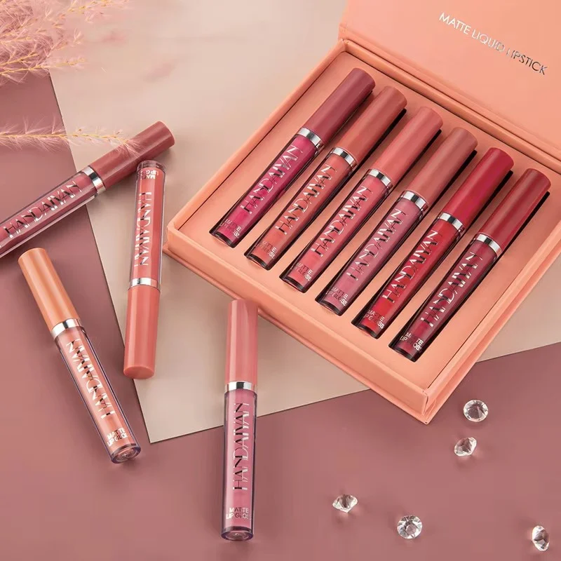 Juego de lápiz labial líquido HANDAIYAN de 6 piezas: acabado mate, brillo de labios antiadherente de larga duración, caja de regalo de maquillaje de labios impermeable para mujeres