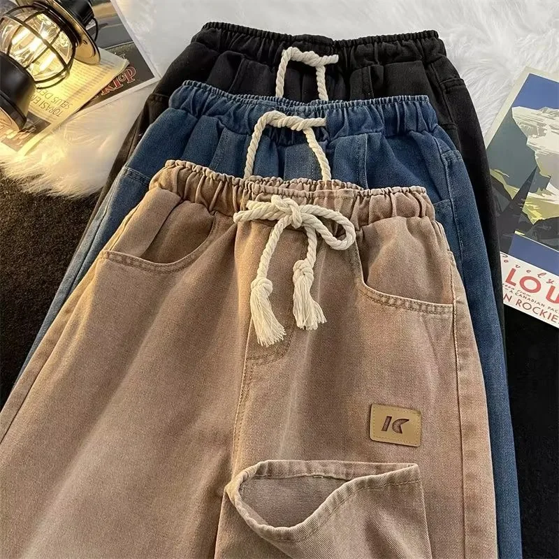 

High Street Jeans for Men and Women with A Lazy Style, Loose Fitting Straight Leg Wide Leg Pants, Solid Color Pants