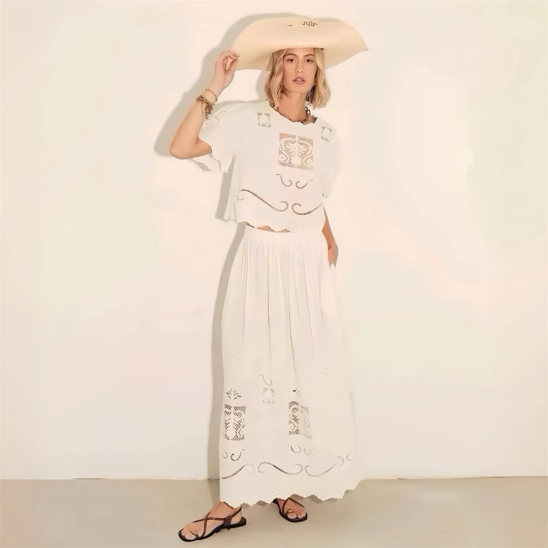 

Romantic Embroidered Hollow out Shirt Dress Set Paris Brand Loose Fit Cotton Spring 2026 Women's Fashion Casual Wear