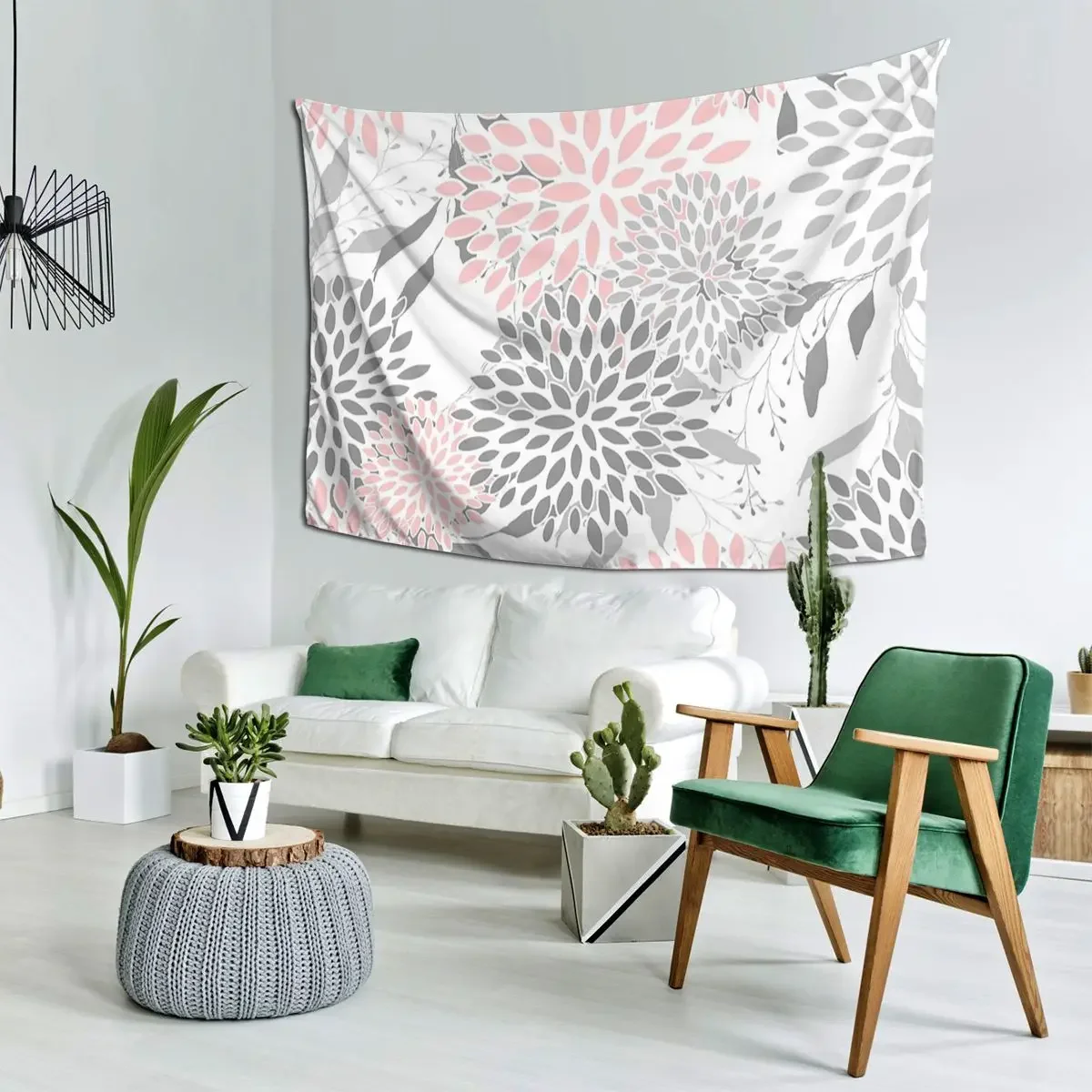 Floral Leaves And Blooms, Pink, Gray And White Tapestry Hippie Wall Hanging Home Tapestries for Living Room Bedroom Dorm Room